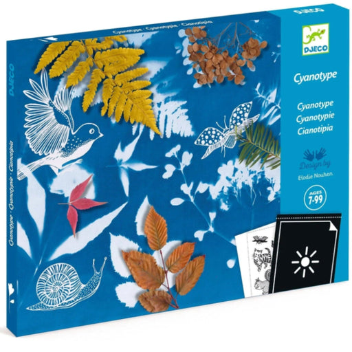 Box featuring a Cyanotype Starter Kit of a bird, butterfly, snail, leaves, and berries on a blue background, with a small inset showing the black-and-white puzzle sheet.