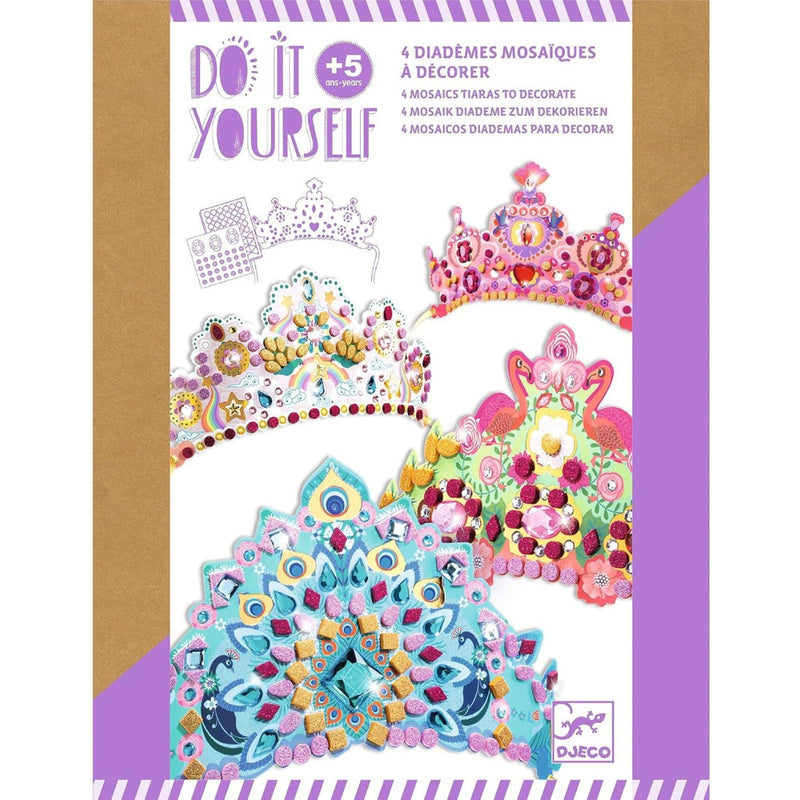 Packaging of mosaic tiaras with 'Do It Yourself' text and colorful designs.