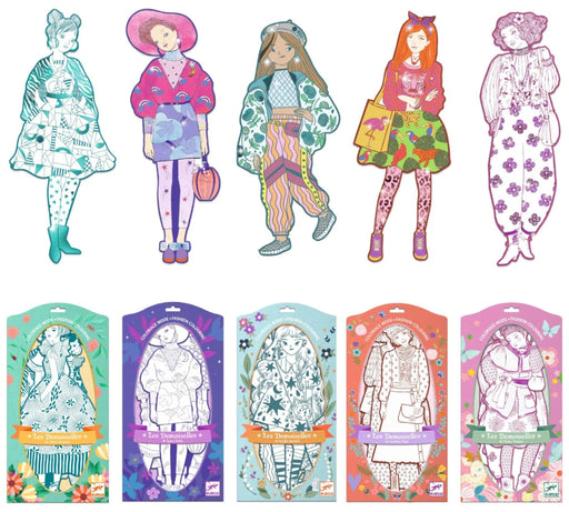 Five illustrated fashion dolls shown above five matching packaged coloring pages, all in a pastel multicolor style on a plain white background.