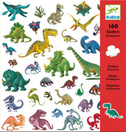 Front of package for Dinosaur Stickers from DJECO.  Includes two sticker sheets featuring colorful cartoon dinosaur illustrations.