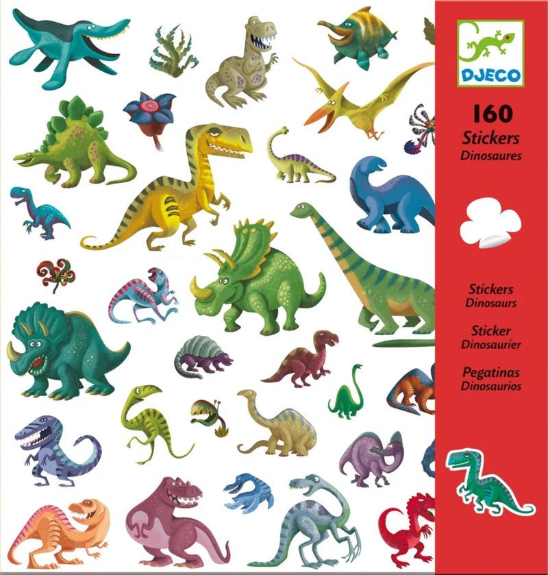 Front of package for Dinosaur Stickers from DJECO.  Includes two sticker sheets featuring colorful cartoon dinosaur illustrations.