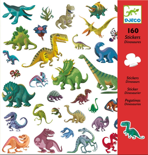 Front of package for Dinosaur Stickers from DJECO.  Includes two sticker sheets featuring colorful cartoon dinosaur illustrations.