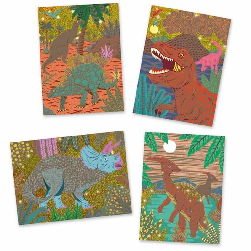 Samples of 4 dinosaur scratch cards from DJECO's kit.  A Stegosaurus, TRex, Triceratop & Pteryadactl are included.