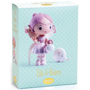 The product packaging box for the 'Elfe & Bolero' collection by Tinyly, featuring a cute pastel illustration of a pink-haired girl in a purple dress and a small white elephant on a light mint green patterned background.