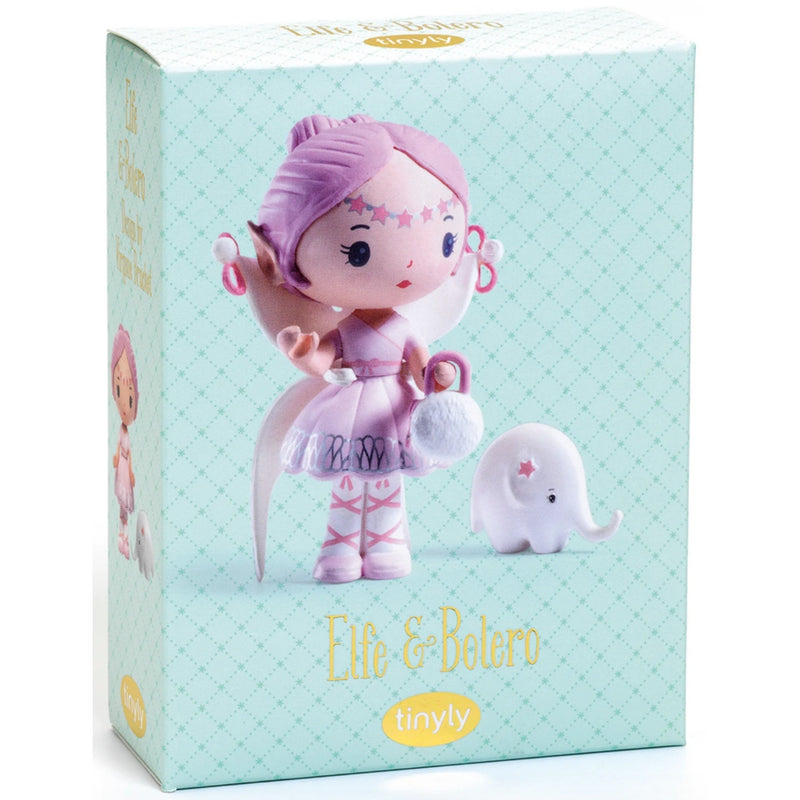 The product packaging box for the 'Elfe & Bolero' collection by Tinyly, featuring a cute pastel illustration of a pink-haired girl in a purple dress and a small white elephant on a light mint green patterned background.