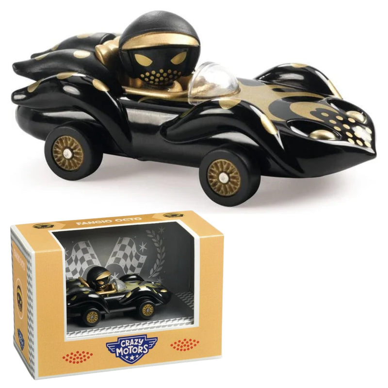 A black and gold miniature toy race car with a driver figure, shown alongside its retail packaging box. The packaging features the 'Crazy Motors' brand logo.