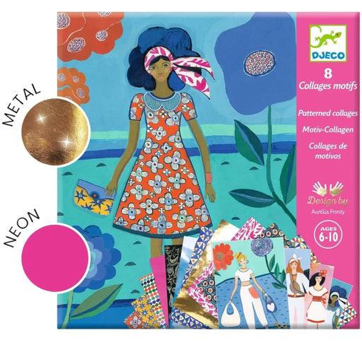 Front of DJECO package of Fashion Magic Sticker Sheets with 8 illustrated fashion cards and 15 patterned transfer sheets.