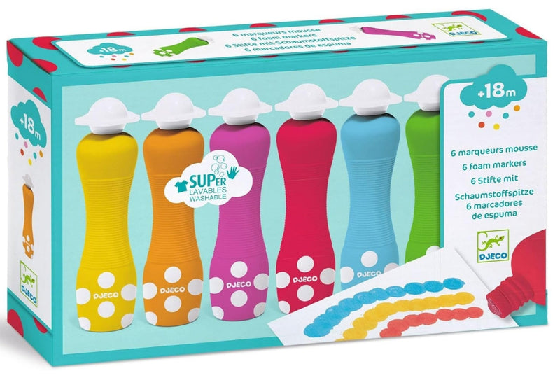 DJECO 6 colorful foam dot markers with white polka dots shown with painted dot trails.
