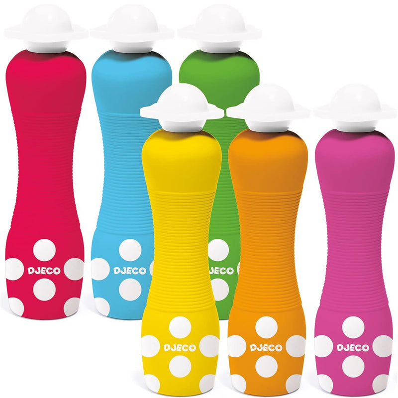 DJECO 6 colorful foam dot markers with white polka dots shown with painted dot trails