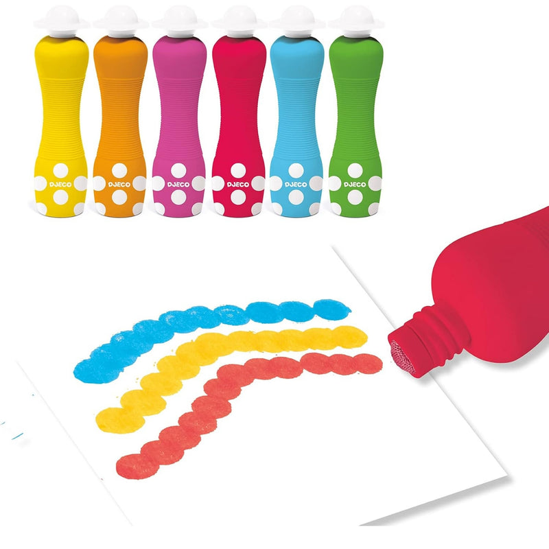 DJECO 6 colorful foam dot markers with white polka dots shown on paper with painted dot trails