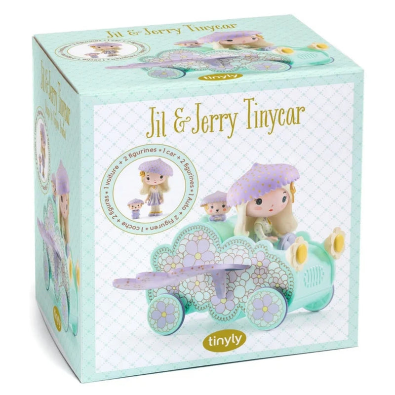 Box packaging of Jil & Jerry Tinycar toy set with mint green background