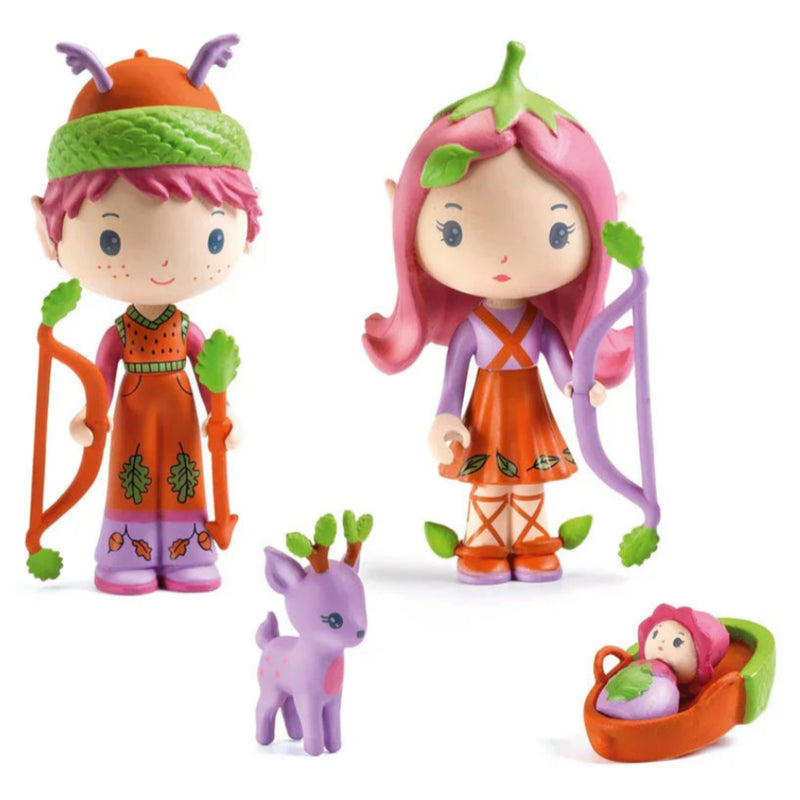 A set of forest fairy figurines, including two fairy characters with bows, a small purple deer, and a baby in a leafy carriage, all on a plain white background.