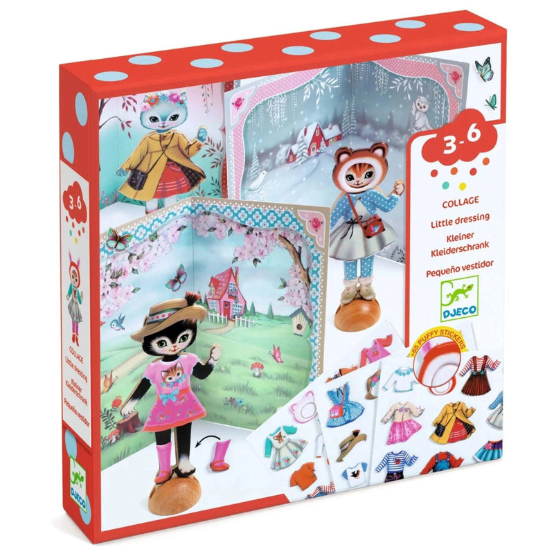 A boxed children's collage dress-up toy set by DJECO, shown in its retail packaging on a white background. The box features colorful illustrated scenes with dolls and clothing pieces, and text including '3-6' and 'Collage Little dressings'.