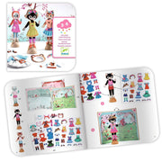 Children's activity book with dress-up dolls and clothes on a white background