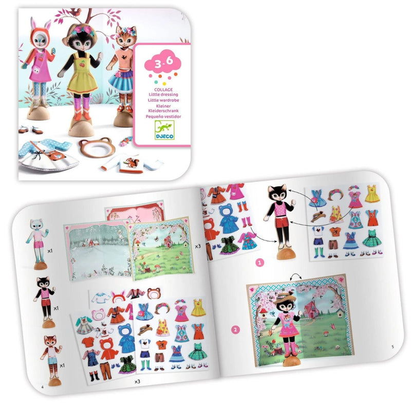 Children's activity book with dress-up dolls and clothes on a white background