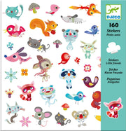Front of DJECO's Little Friends sticker package with two sheets of Little Friends colorful animal sticker sets on white background.
