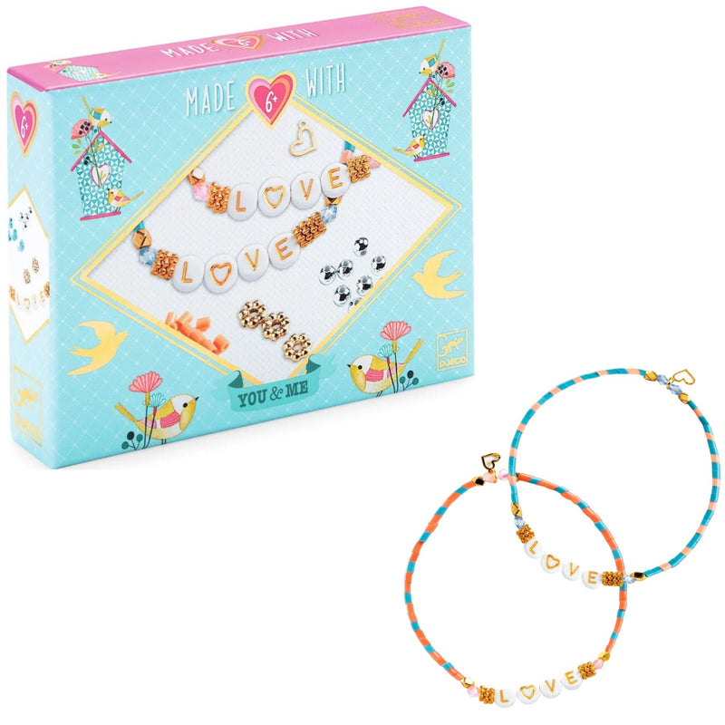 DJECO Beads & Jewelry Love Letters craft kit with beads and letter components displayed. Sample bracelets displayed on white background.