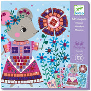 Front of a DJECO Mosaïques mosaic kit box featuring a colorful illustrated mouse in a patterned dress holding a flower, with the DJECO logo and product text on a lavender side panel.