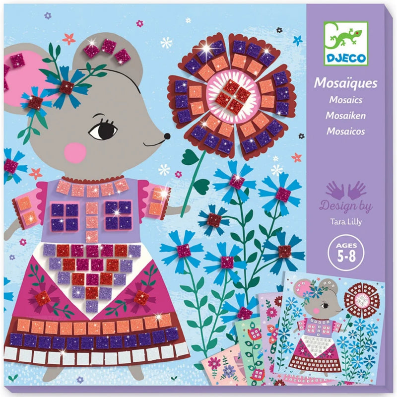 Front of a DJECO Mosaïques mosaic kit box featuring a colorful illustrated mouse in a patterned dress holding a flower, with the DJECO logo and product text on a lavender side panel.