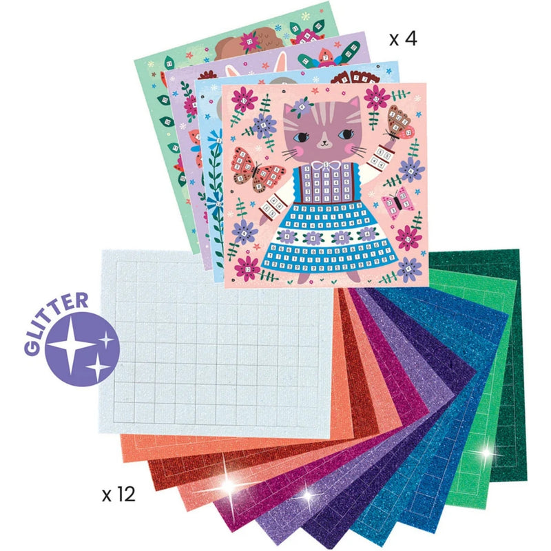 Djeco's craft kit showing a set of glittery patterned sheets and colored glitter sheets on a white background. The top sheet features a pink cat illustration with flowers and butterflies, with other floral patterned sheets fanned behind it.