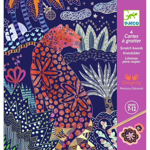 Front picture of pocket of scratch cards.  Shows a Leopard surrounded by lush plants.  Perfect for kids Ages 7-12.  