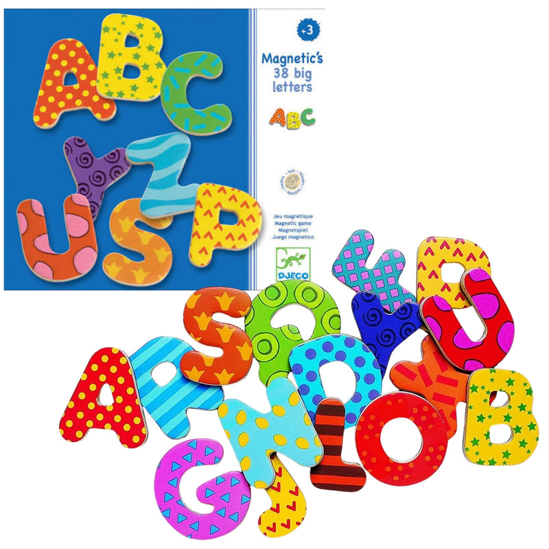 A colorful children's alphabet magnetic letter set with 38 patterned letters and a blue storage box on a white background. The letters include various patterns like polka dots, stripes, stars, and swirls in bright colors.