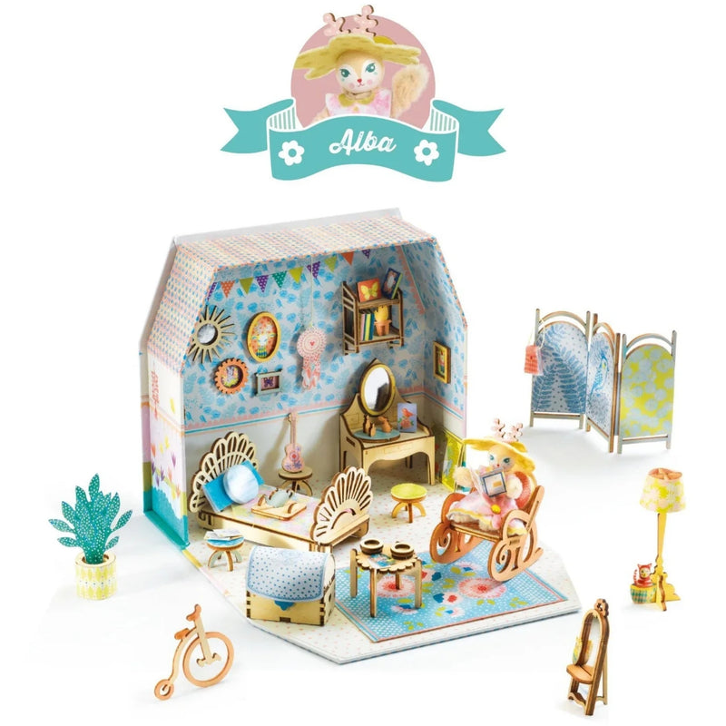A miniature dollhouse-style bedroom set with a house-shaped box and many small accessories, including a bed, vanity, folding screen, bicycle, plant, lamp, easel, and chair. The set is photographed on a clean white background with a decorative 'Alba' banner graphic above it.