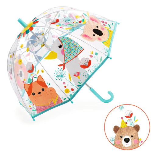 Clear kids umbrella from DJECO.  It's called the nature umbrella with pictures of animals on it -- a koala, a bear, a cat and more.