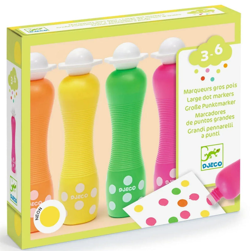 Box containing DJECO's 4 Foam Neon Markers in orange, yellow, green and pink. These chunky neon foam markers make bold circles and colorful patterns with a simple press.  