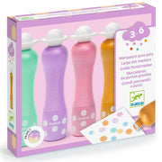 Four DJECO foam pearly markers in mint, purple, pink, and orange in box on white background
