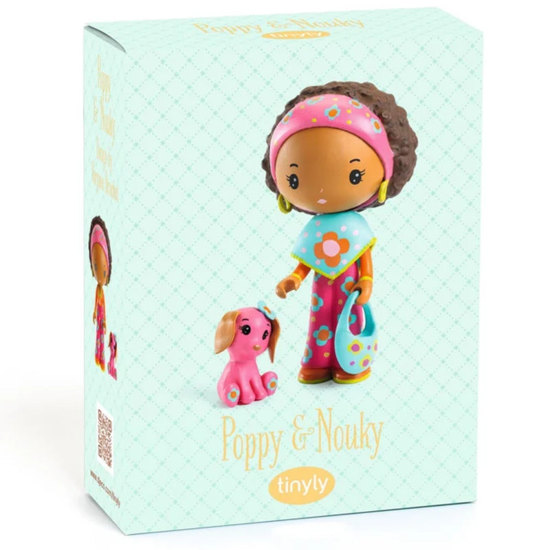 A boxed blind box toy featuring the characters Poppy & Nouky, shown on a clean white background. The packaging is light mint green with a subtle diamond pattern and displays illustrations of the doll and her pink dog.