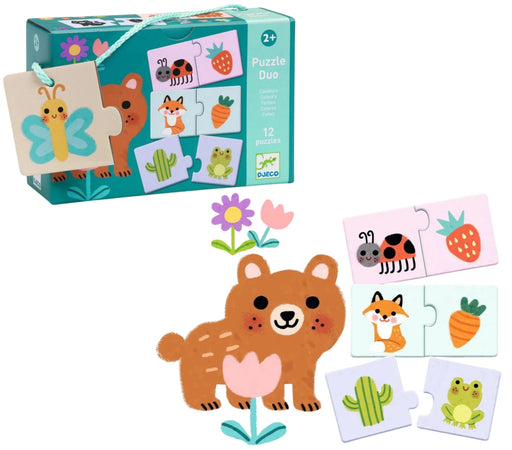 Dukoo Puzzle Duo children's puzzle set with a brown bear and animal-themed matching pieces, shown with the teal retail box and several loose puzzle pieces on a white background.