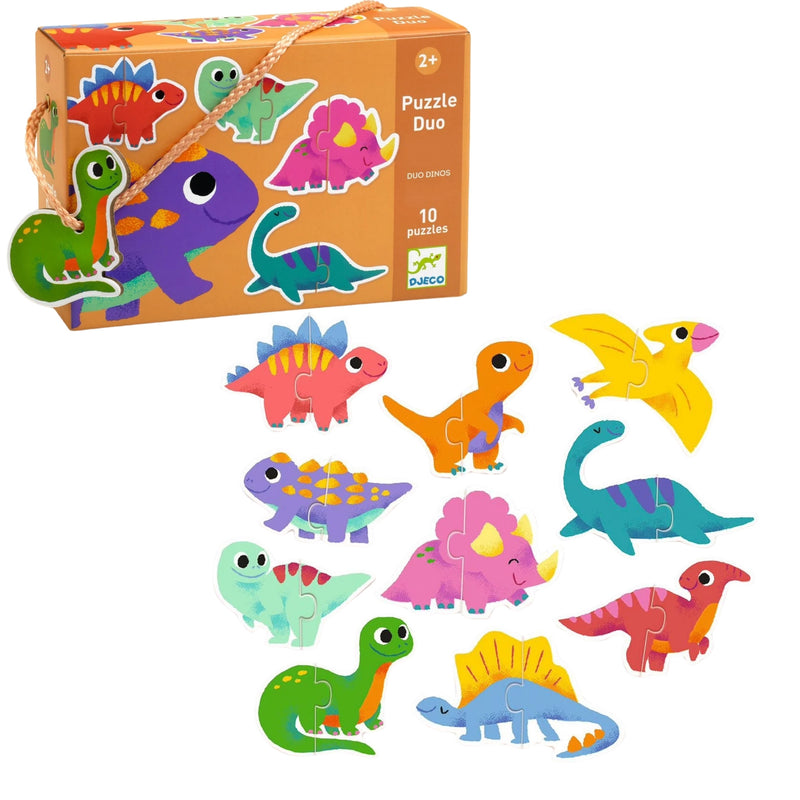 A colorful children's dinosaur puzzle set shown with its orange box and ten loose wooden dinosaur puzzle pieces on a white background. The box reads 'Puzzle Duo' and shows the BioBio brand logo.