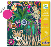 Jungle-themed scratchboard art kit by DJECO, featuring a colorful illustrated cover with a tiger, toucan, leopard, flowers, and palm leaves on a dark teal background, plus a yellow side panel and a pink neon color swatch labeled 'NEON'.