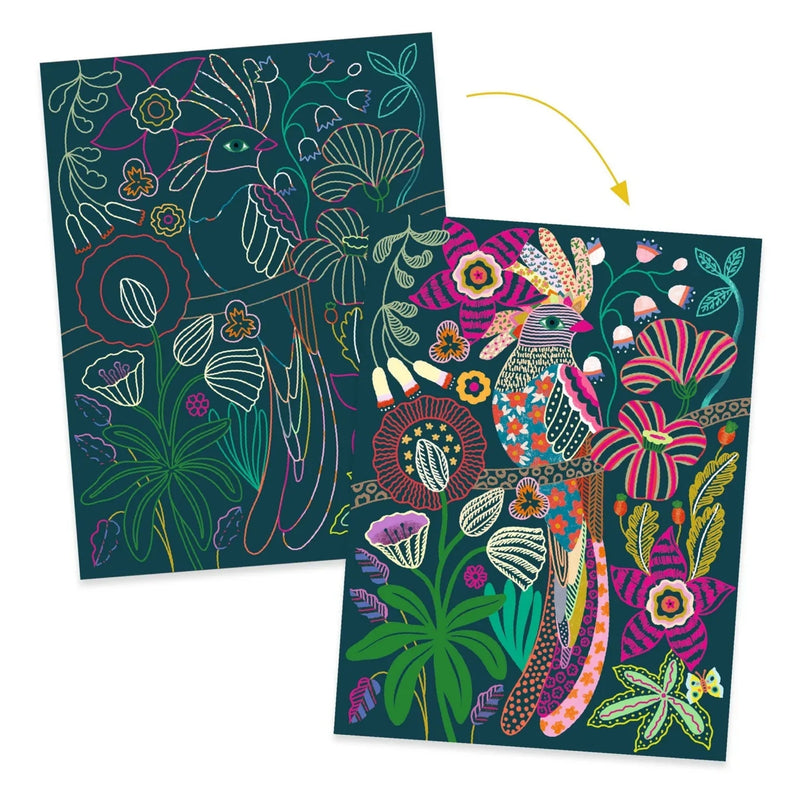 Two colorful scratch cards with bird designs on a white background