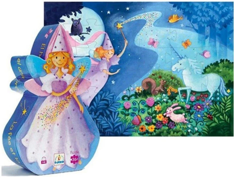 A children's jigsaw puzzle box shown open to reveal a colorful fantasy forest scene with a fairy in a pink dress, a white unicorn, flowers, and a blue night sky. The front of the box features the fairy illustration and the brand name 'Educatif Juguets'.