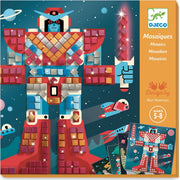 Box art for the DJECO Mosaïques toy set, featuring a colorful robot mosaic design on a space-themed background with planets, stars, and small spacecraft. The right side includes an orange panel with the DJECO logo, the French title 'Mosaïques', 'Design by Ben Newman', and 'Ages 5-8'.