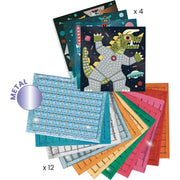 DJeco's Space Battle set includes colorful metal grid puzzle cards, including one featuring a dinosaur in space and a blue grid pattern card, shown with quantity labels 'x 4' and 'x 12' on a white background.