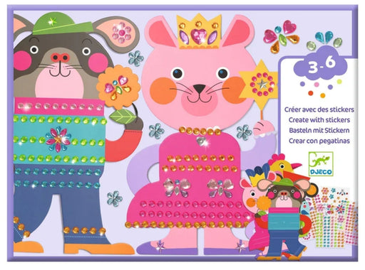 A colorful children's sticker craft kit package featuring cartoon animal characters and decorative sticker elements. The front shows a pink bunny in a crown and dress, a bear wearing a sweater and hat, flowers, butterflies, and text including '3-6' and 'Créer avec des stickers Create with stickers'.
