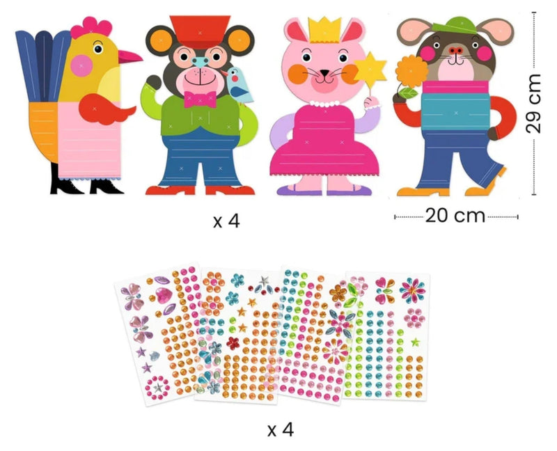 Four colorful cartoon animal wall decals shown with dimensions (29 cm height, 20 cm width) and four sheets of matching flower and dot stickers below on a white background.