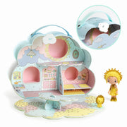 Toy house set with a girl figure and little lion toy on a white background.