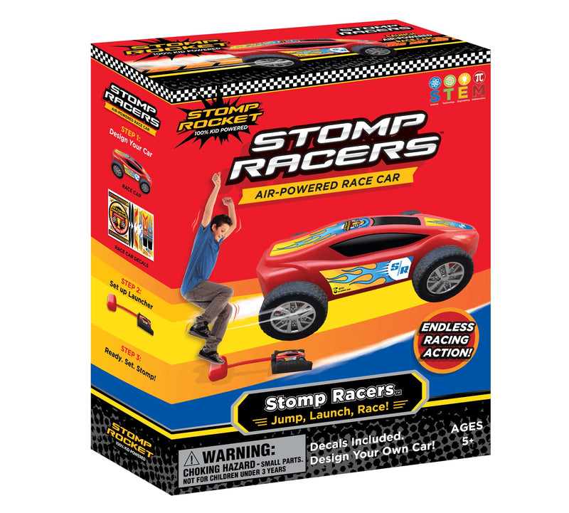 Stomp Racers single-car package with red air-powered race car, stomp launcher, ramp and decals.