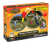 Stomp Rocket Stomp and Catch game box showing stomp, throw and catch play with four sport rockets.