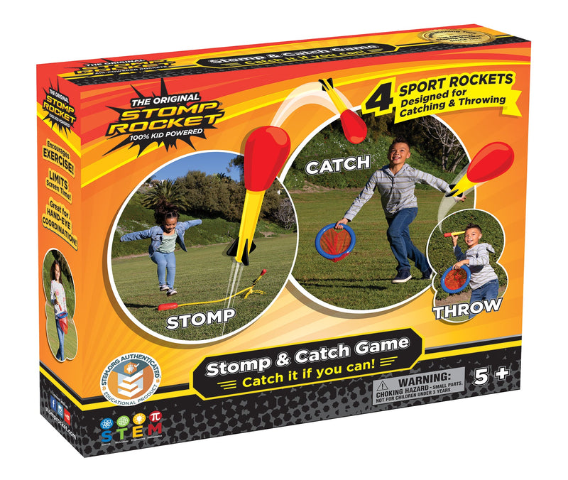Stomp Rocket Stomp and Catch game box showing stomp, throw and catch play with four sport rockets.