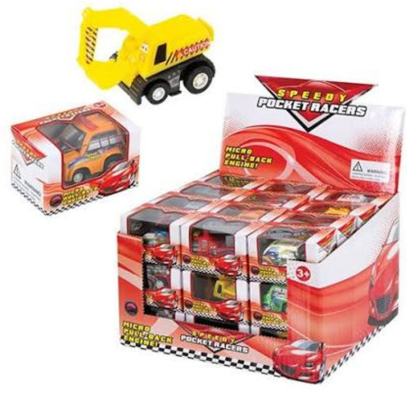 A retail display box and a single toy package for 'Speedy Pocket Racers' micro model cars, featuring a yellow construction excavator toy and several red race cars inside clear plastic windows on a white background.