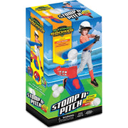 Stomp 'n Pitch baseball training toy in its retail packaging, featuring a blue and red swing machine with white baseballs, shown on a clean white background.