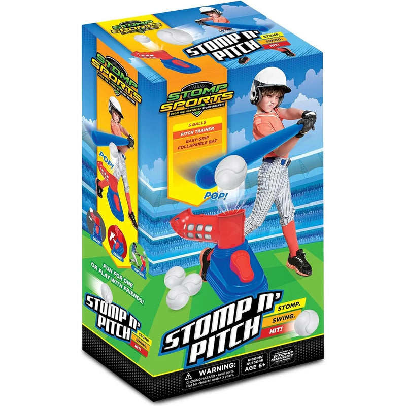 Stomp 'n Pitch baseball training toy in its retail packaging, featuring a blue and red swing machine with white baseballs, shown on a clean white background.