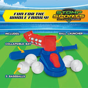 Stomp Sports ball launcher set with balls on a sports field background.