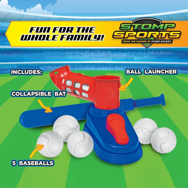 Stomp Sports ball launcher set with balls on a sports field background.