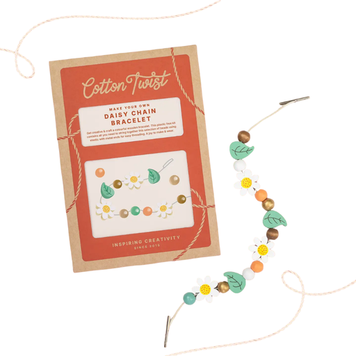 Cotton Twist bracelet-making kit with a completed daisy chain bracelet on a white background.